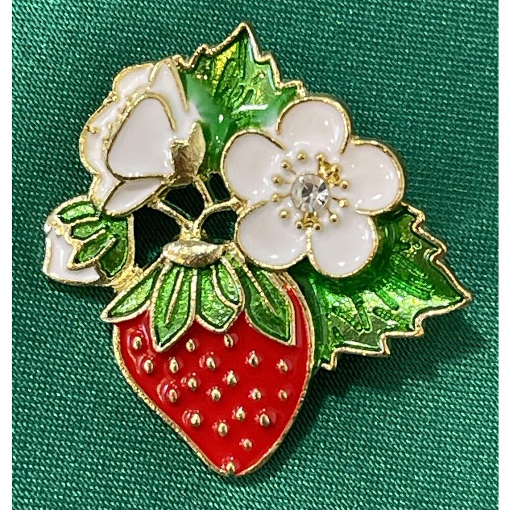 NWOT Red Strawberry Brooch Lapel Pin White Enamel Crystal Gold Toned Floral